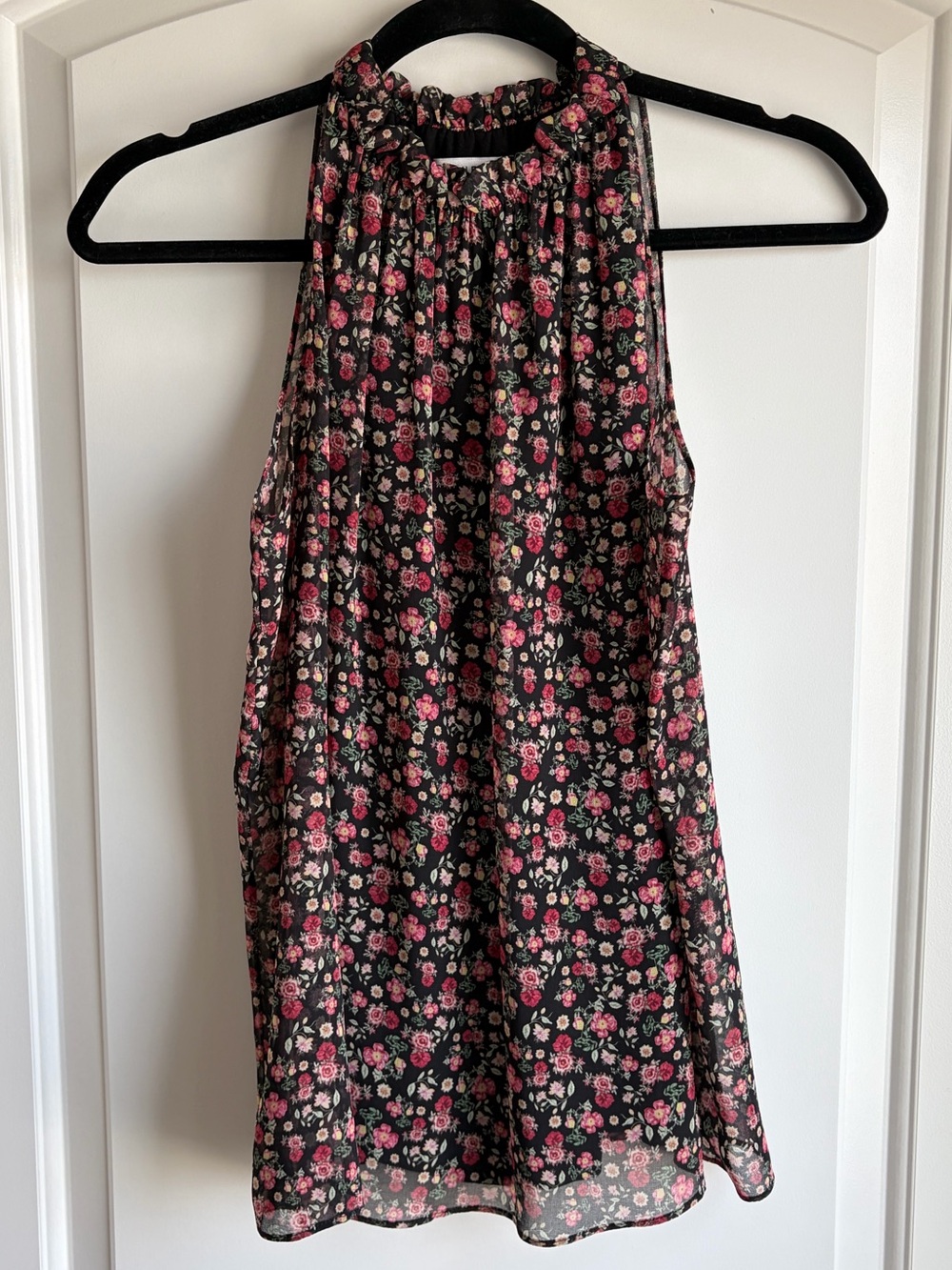 Bailey 44 Black Ditsy Floral Chiffon Ruffle Mock Neck Halter Blouse Size Small